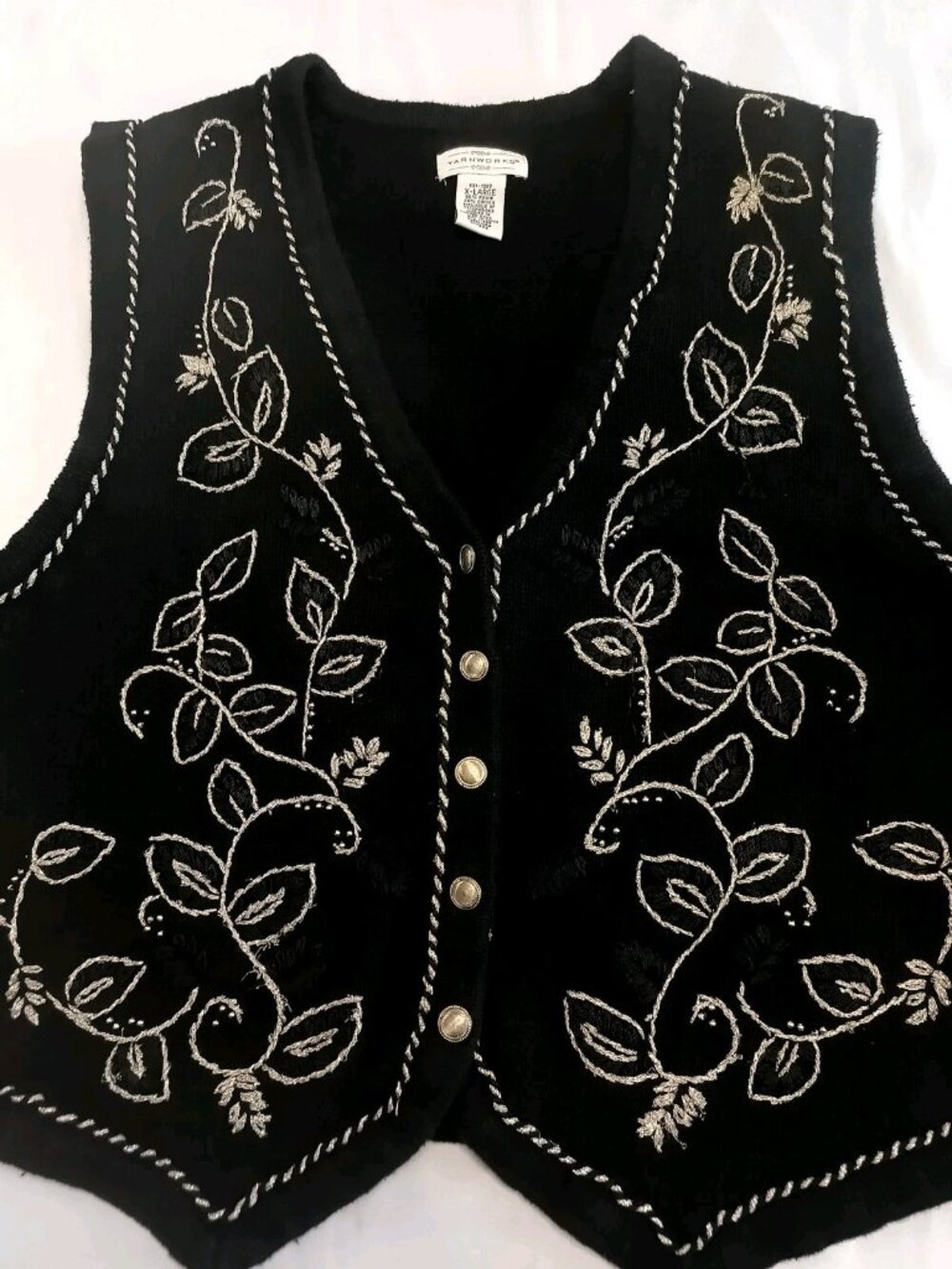 Yarnworks Women’s XL Black Embroidered Knit Vest Gold Leaf Design Boho Formal - Picture 2 of 12
